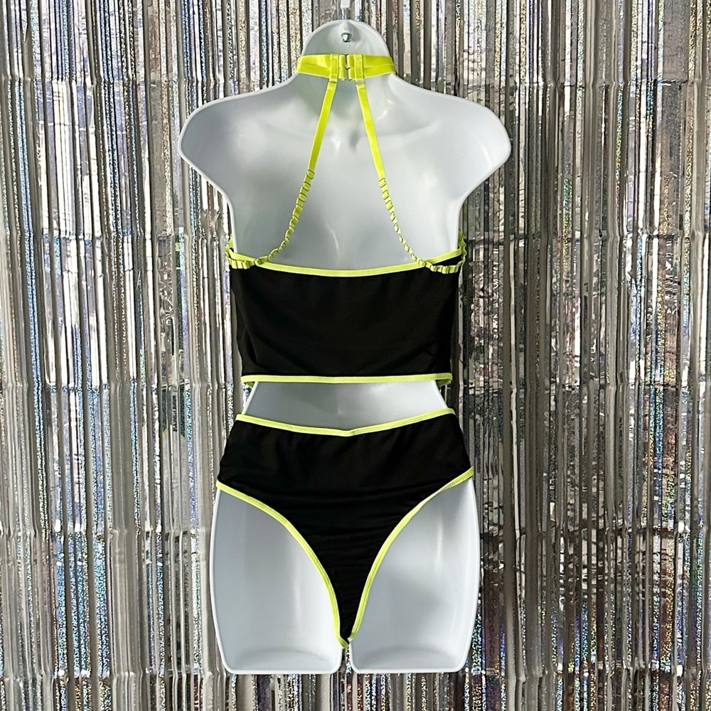 Neon Yellow & Sheer Black Strappy Choker Kinky Lingerie Set Women’s Size Medium - Picture 5 of 8